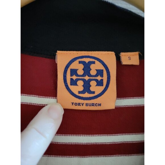Tory Burch Blue cream stripe cardigan logo Size Small Preppy old Money Preppy - Picture 2 of 7